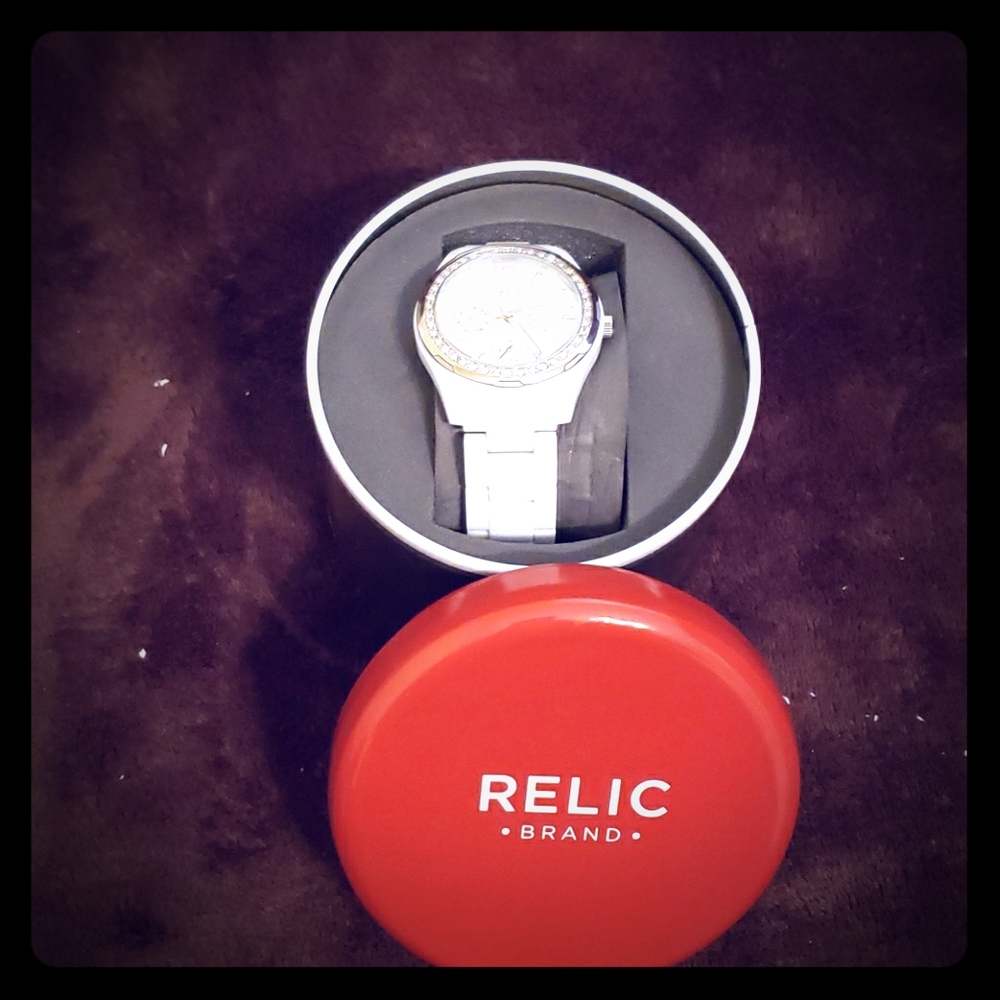 Relic white and rhinestone watch